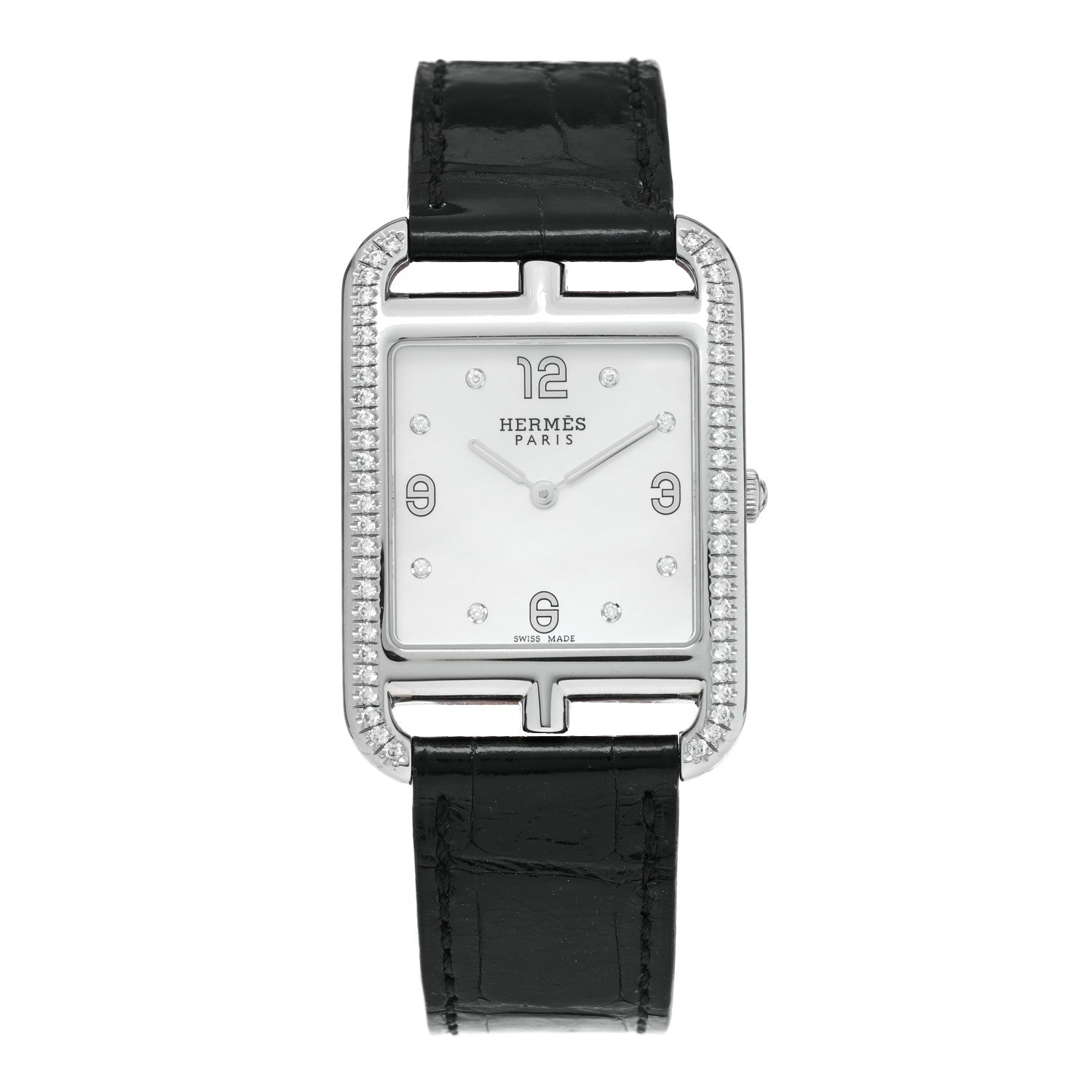 Hermes Stainless Steel Alligator Diamond Bezel Mother of Pearl 29mm Cape Cod Quartz Watch Noir 1 of 5