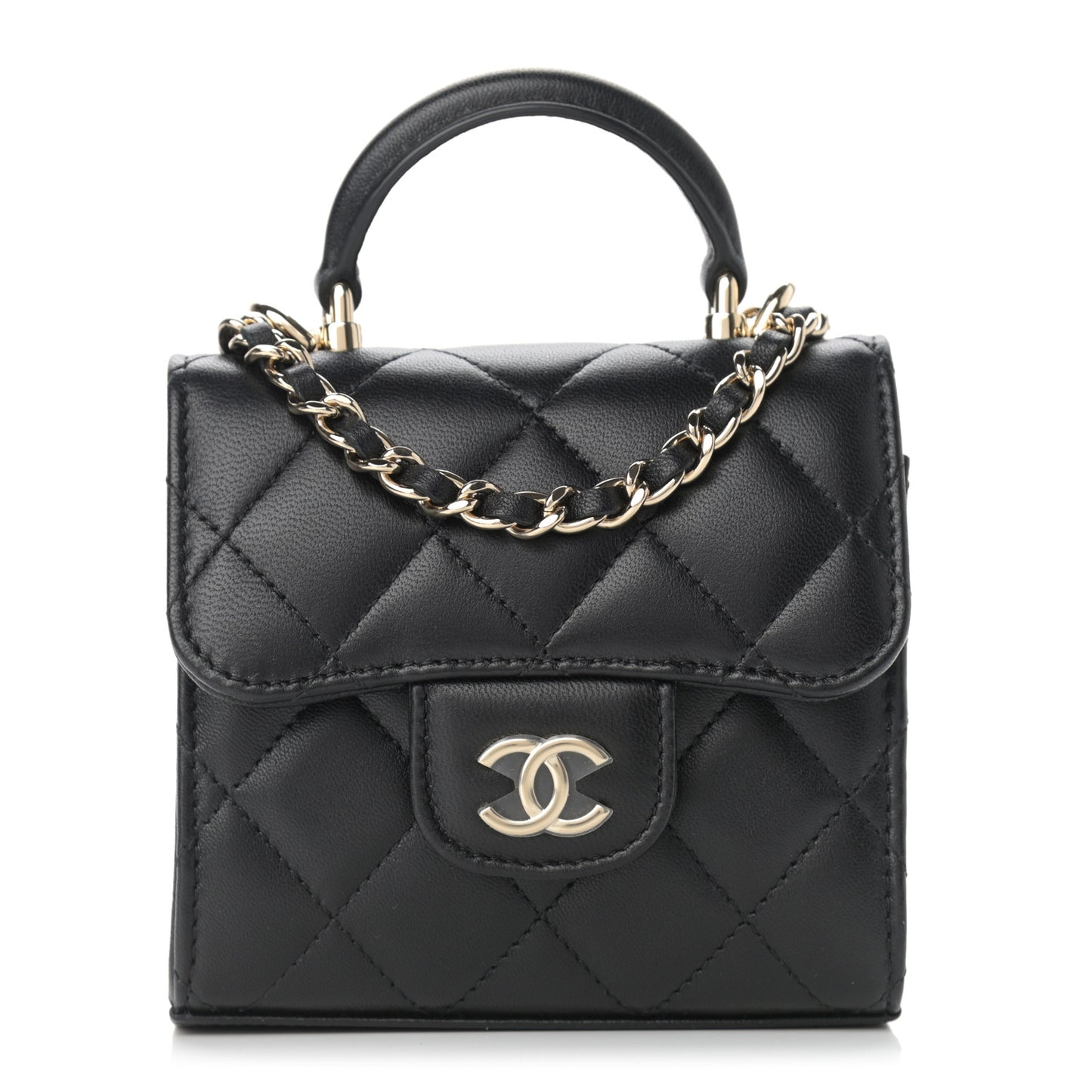 Lambskin Quilted Top Handle Flap Clutch With Chain Black