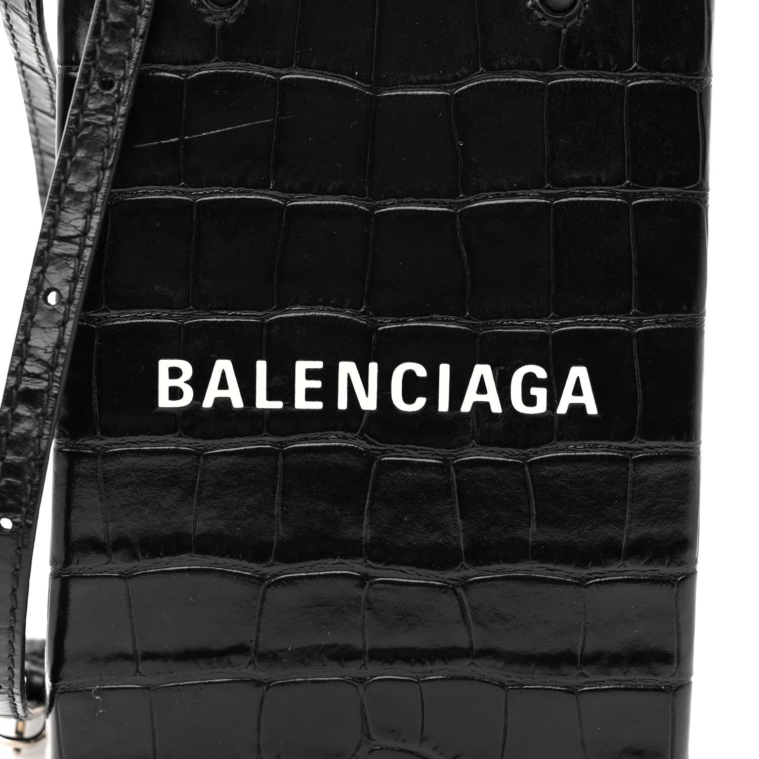 Balenciaga Calfskin Crocodile Embossed Logo Shopping Phone Holder Bag Black 7 of 9