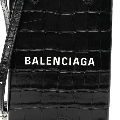 Balenciaga Calfskin Crocodile Embossed Logo Shopping Phone Holder Bag Black 7 of 9