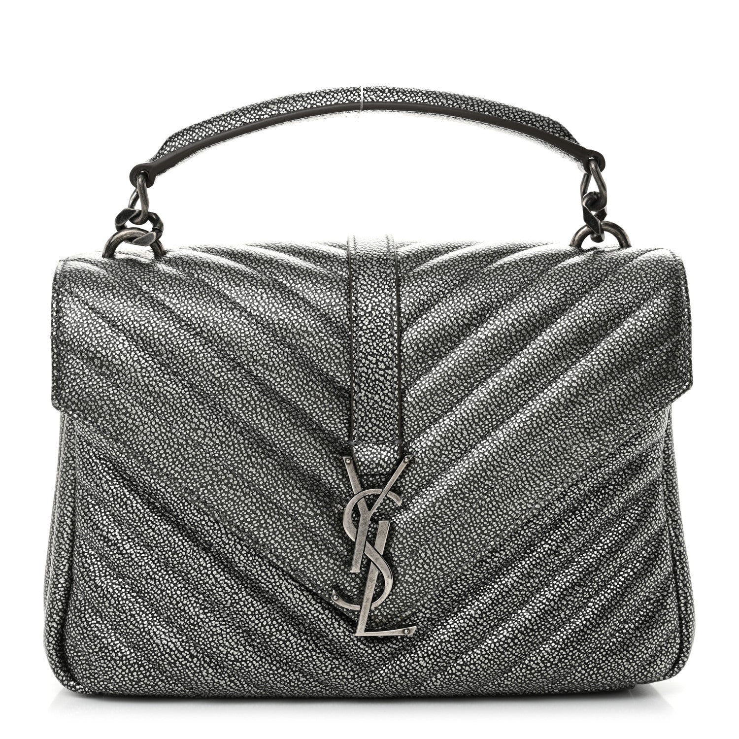 Saint Laurent Metallic Grain De Poudre Matelasse Chevron Monogram Medium College Bag Gunmetal 1 of 10