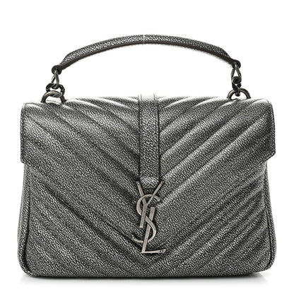 Saint Laurent Metallic Grain De Poudre Matelasse Chevron Monogram Medium College Bag Gunmetal 1 of 10