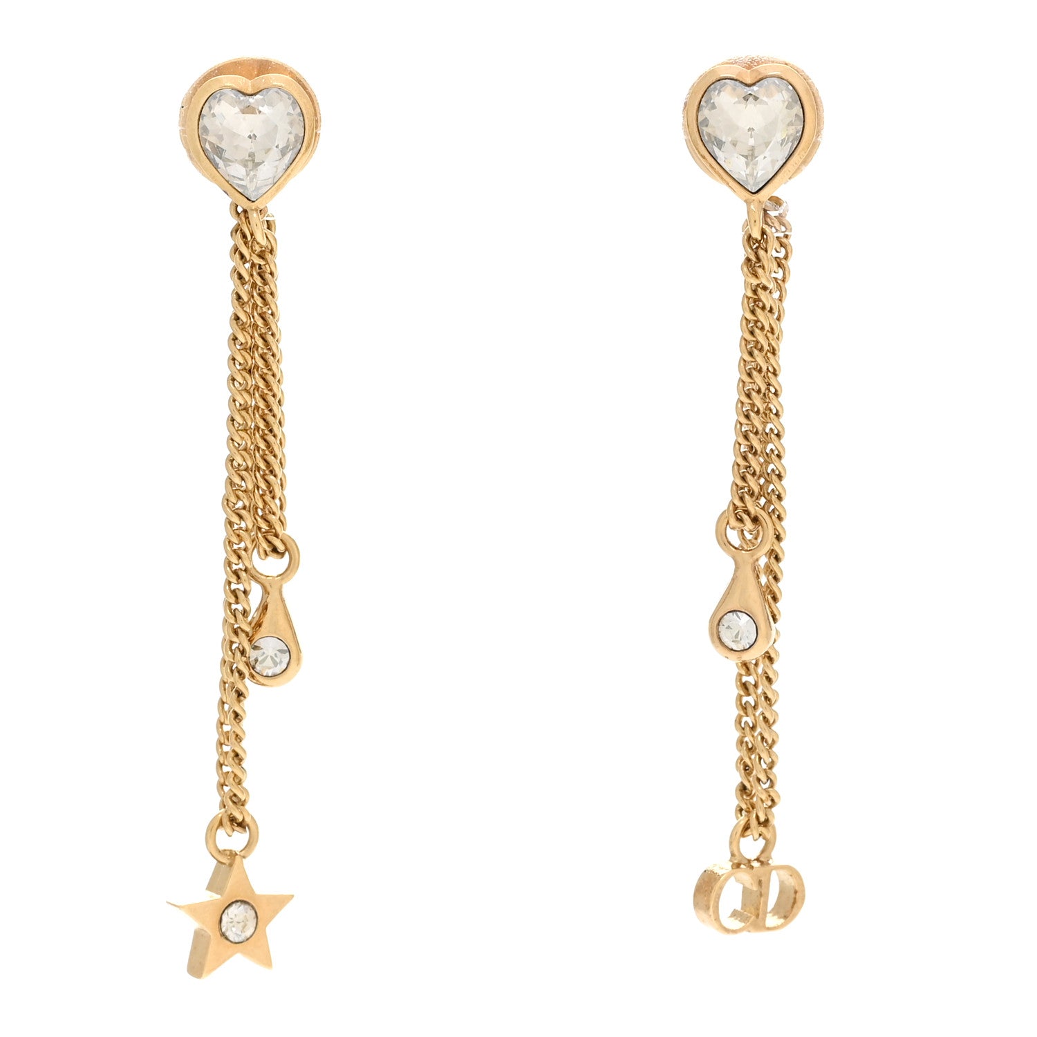 Christian Dior Crystal Heart Dangle Chain Earrings Gold 1 of 5