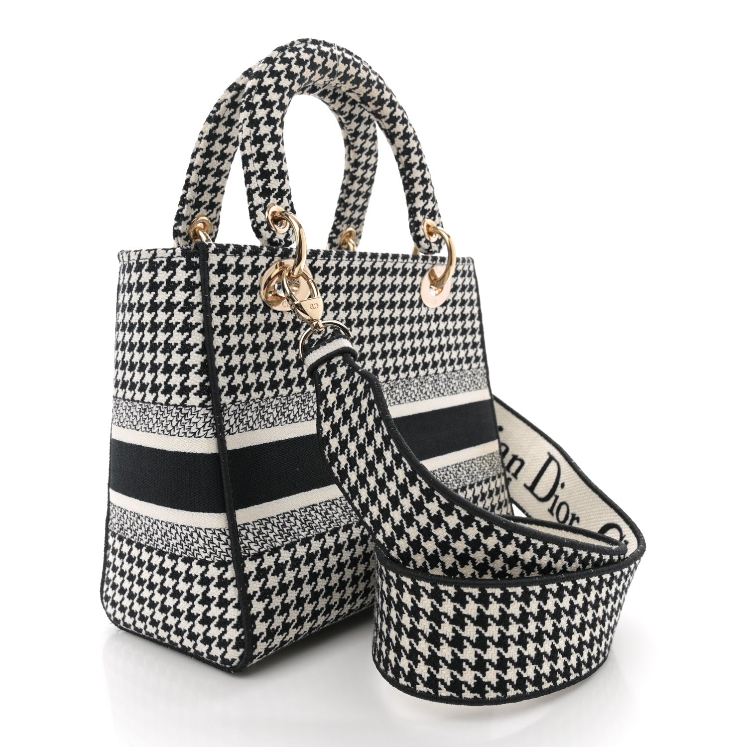 Christian Dior Canvas Houndstooth Embroidered Medium Lady D-Lite Black White 2 of 10