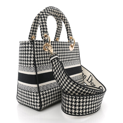 Christian Dior Canvas Houndstooth Embroidered Medium Lady D-Lite Black White 2 of 10