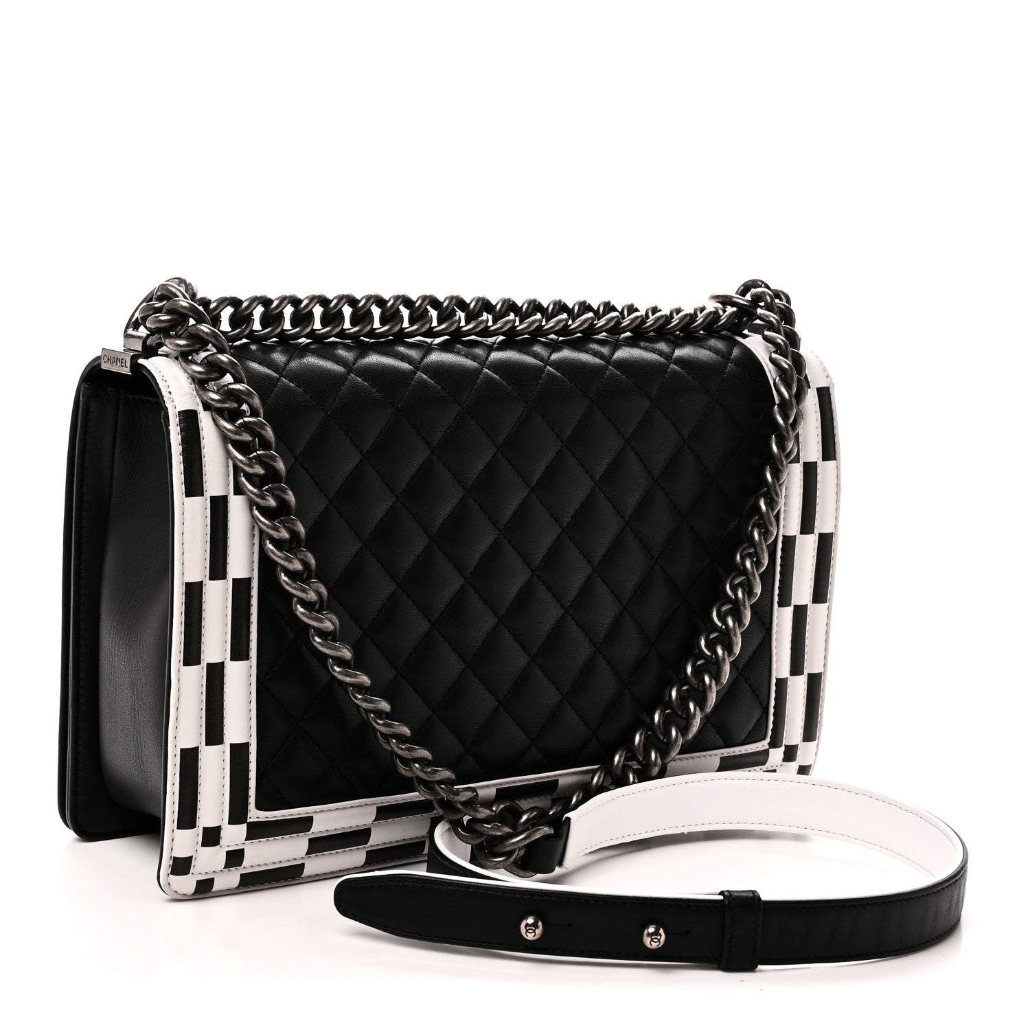 Chanel Calfskin Quilted Checkerboard Trim New Medium Boy Flap Black White 3 of 11