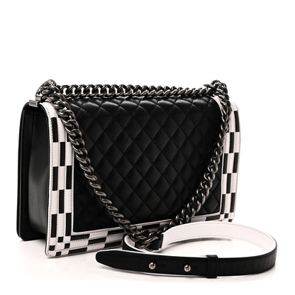 Chanel Calfskin Quilted Checkerboard Trim New Medium Boy Flap Black White 3 of 11