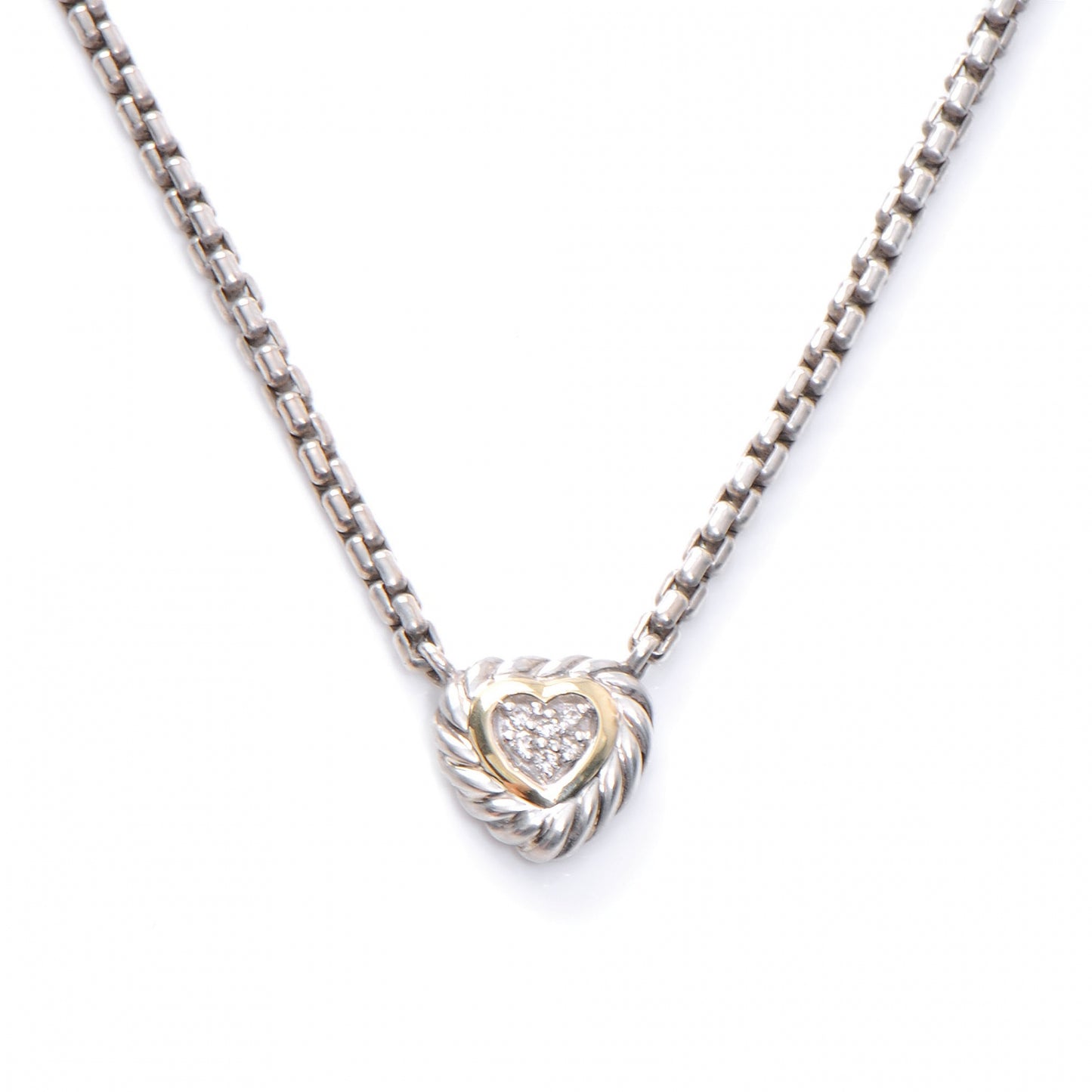 Sterling Silver 18K Yellow Gold Diamond Pave Cable Heart Pendant Necklace