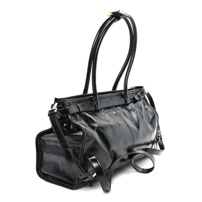 Prada Glossy Calfskin Triangle Large Bonnie Shoulder Bag Black 2 of 9