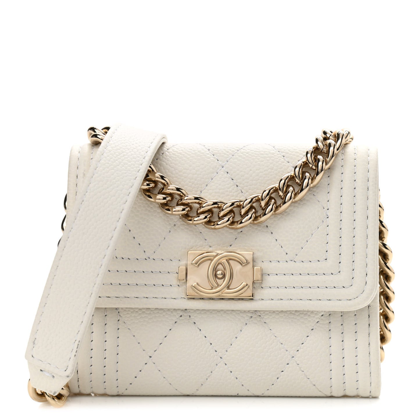 Caviar Quilted Boy Card Holder On Chain White