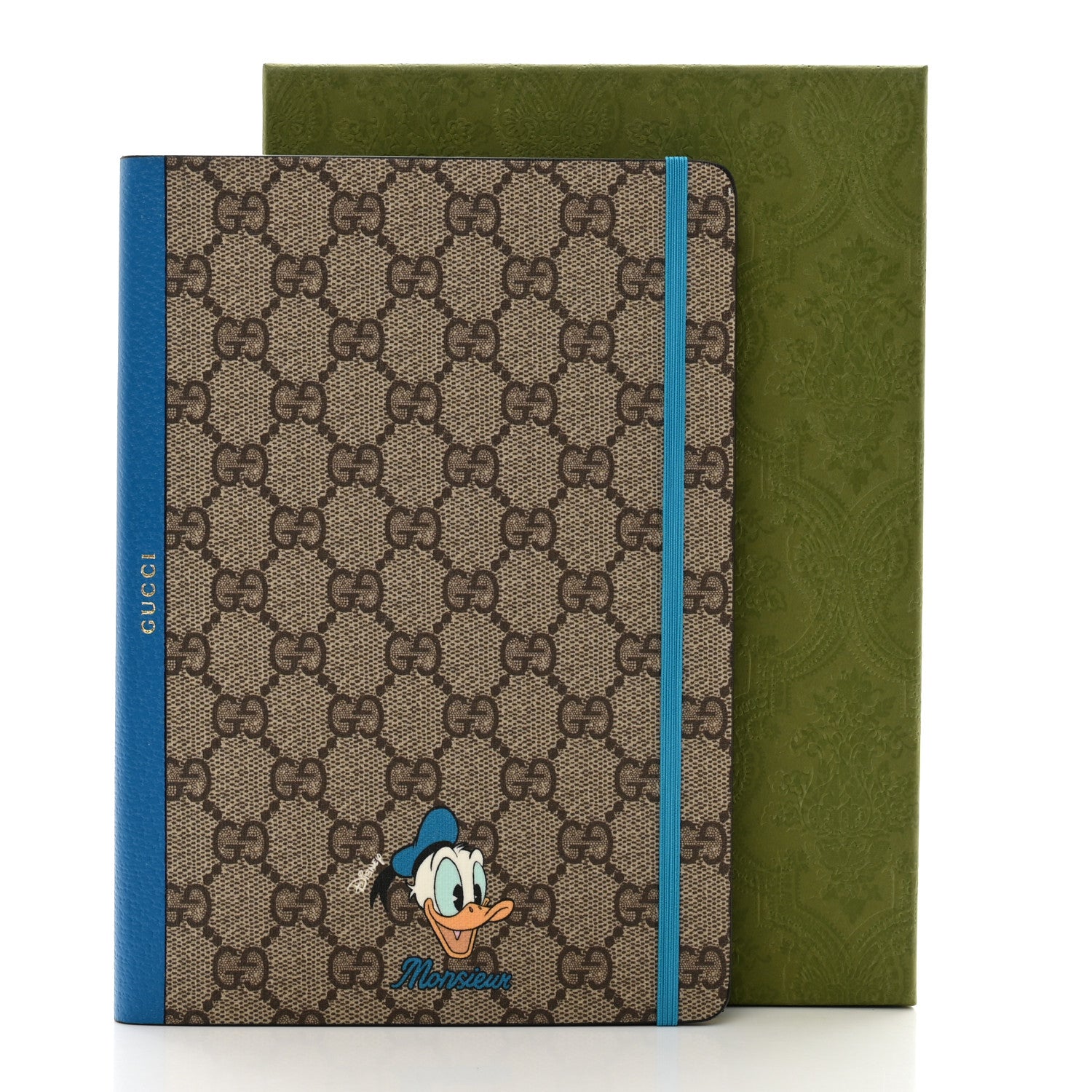Gucci X DISNEY GG Supreme Monogram Textured Dollar Calfskin Donald Duck Notebook Beige Ebony Blue 7 of 7