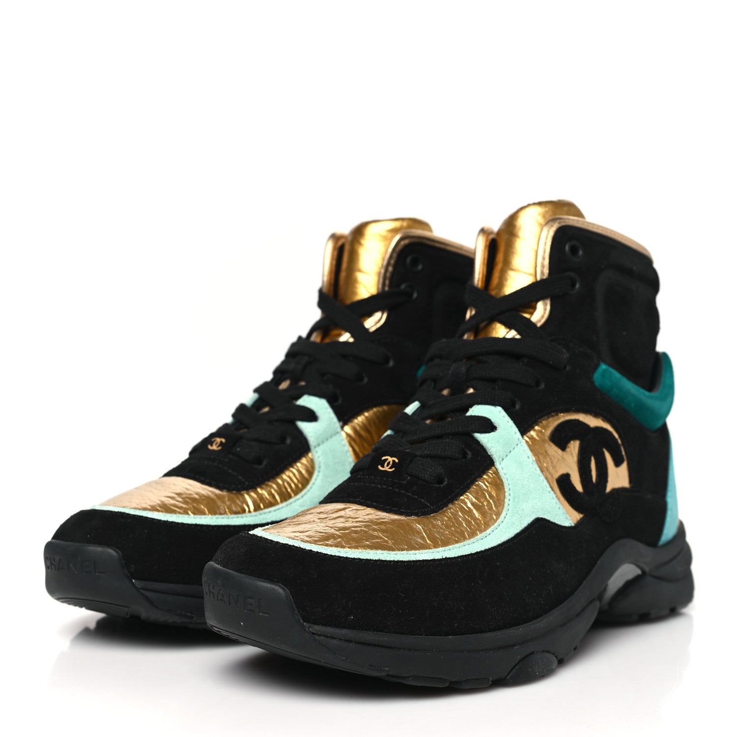 Chanel Suede Calfskin Fabric CC High Top Sneakers 38.5 Black Turquoise Gold 3 of 7
