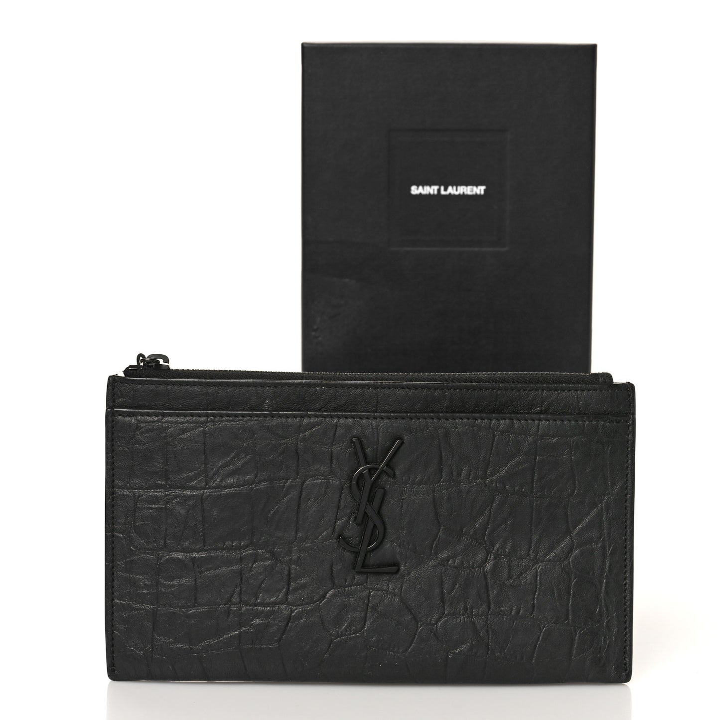 Calfskin Crocodile Embossed Monogram Zip Bill Pouch Black
