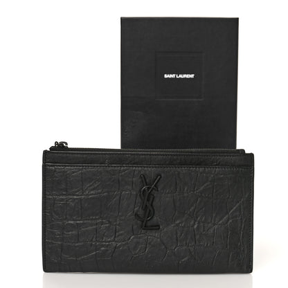 Saint Laurent Calfskin Crocodile Embossed Monogram Zip Bill Pouch Black 9 of 9