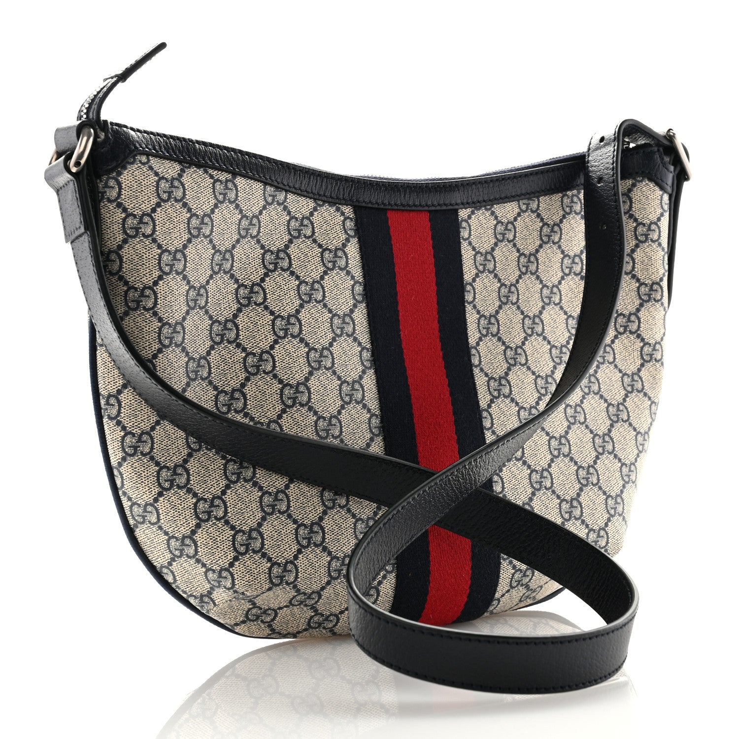 Gucci GG Supreme Monogram Textured Dollar Calfskin Web Small Ophidia Half Moon Hobo Beige Blue 3 of 10