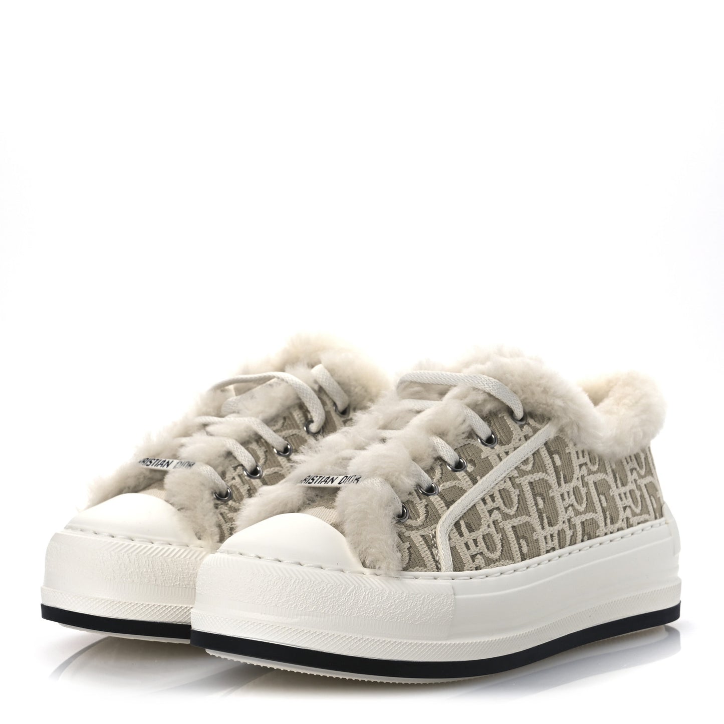 Canvas Oblique Shearling Walk'N'Dior Platform Sneakers  38.5 Beige Natural