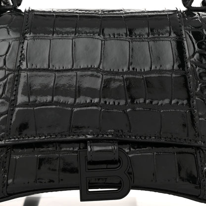 Balenciaga Shiny Calfskin Monochrome Crocodile Embossed Small Hourglass Top Handle Bag Black 8 of 10