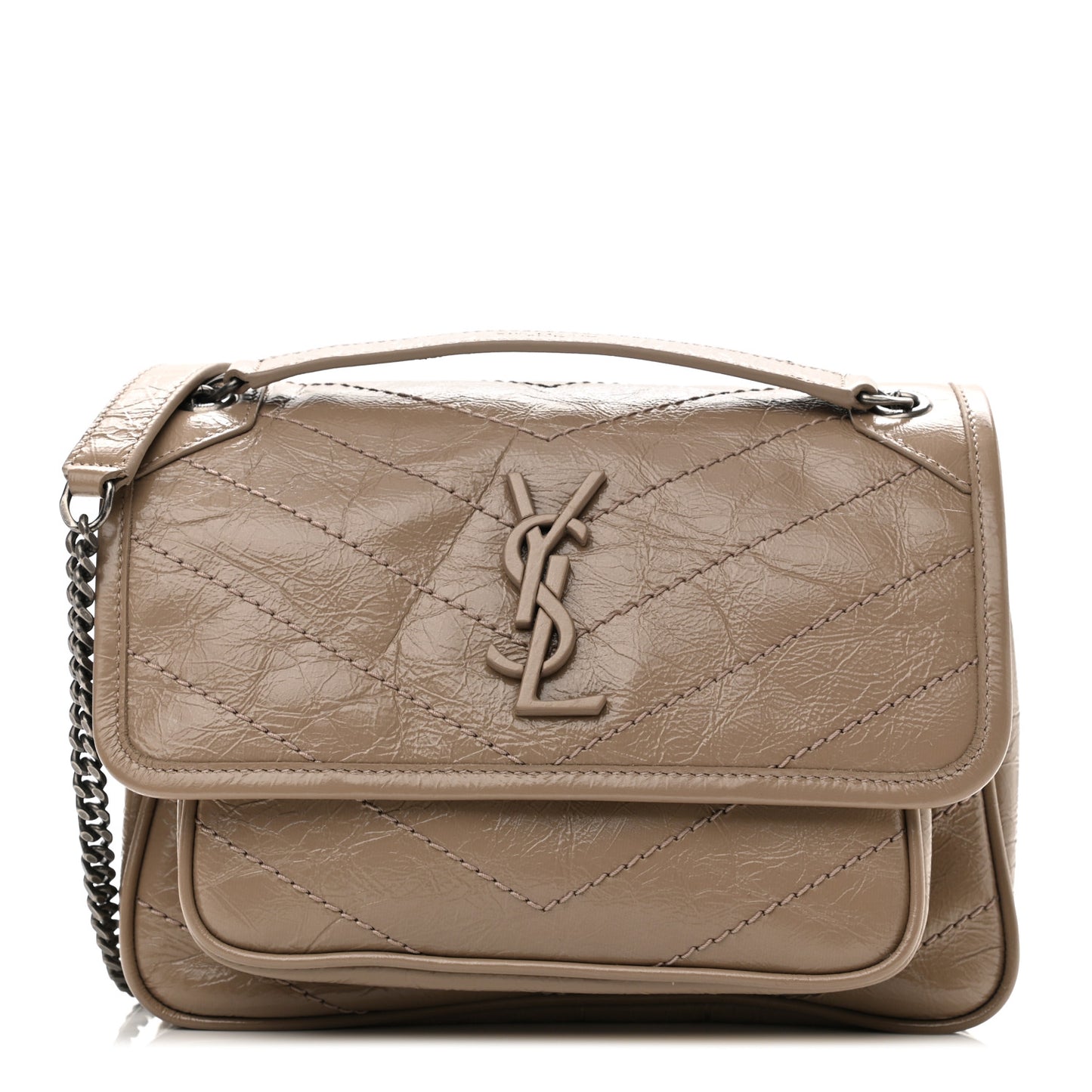 Crinkled Calfskin Matelasse Monogram Baby Niki Chain Satchel Light Taupe