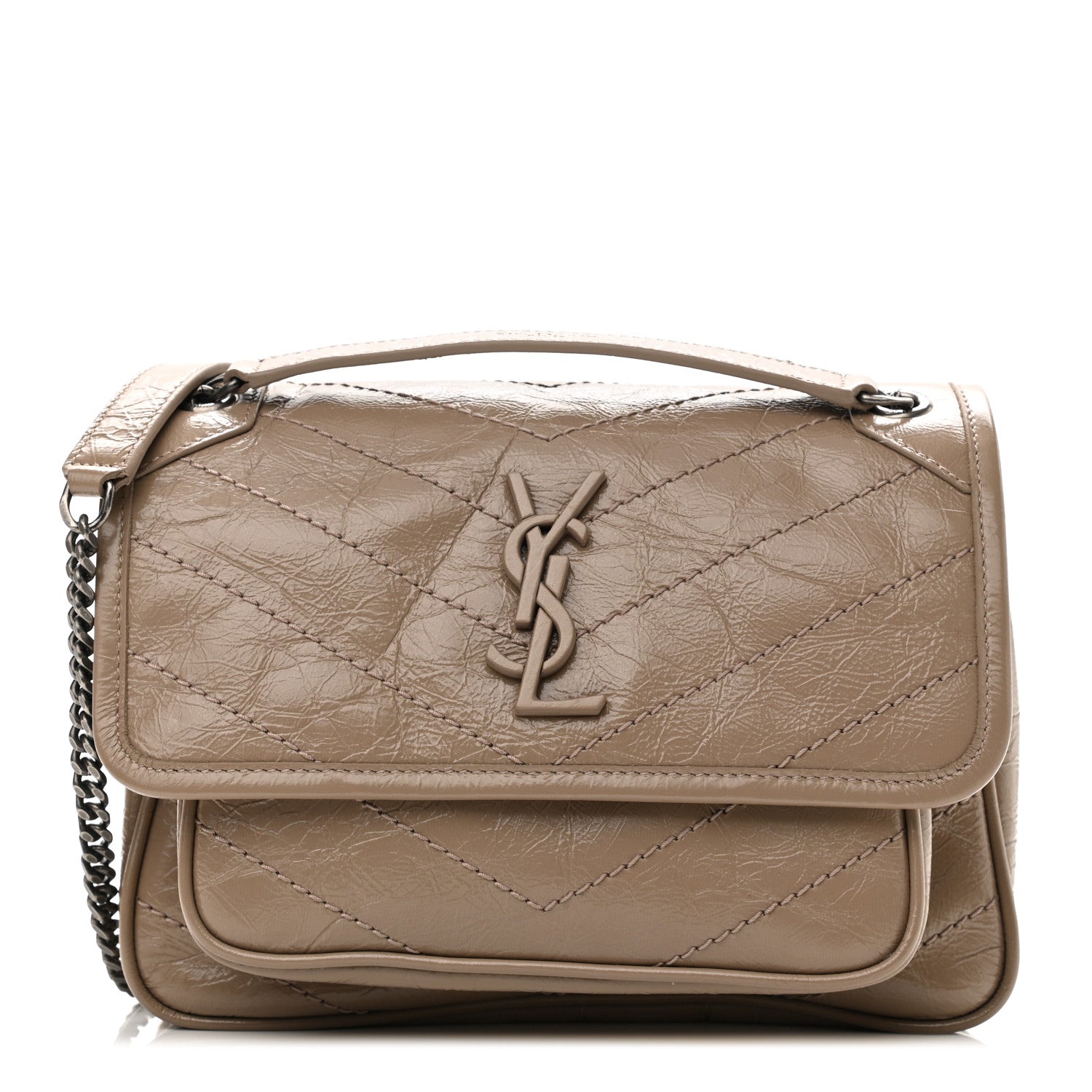 Saint Laurent Crinkled Calfskin Matelasse Monogram Baby Niki Chain Satchel Light Taupe 1 of 10