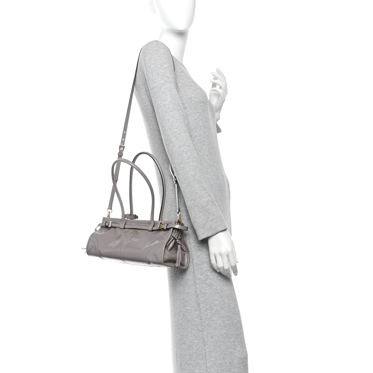 Prada Glossy Calfskin Triangle Medium Bonnie Shoulder Bag Peltro 2 of 9