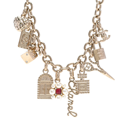Chanel Metal Crystal Pearl Resin Charms Necklace Gold Red Pearly White 1 of 6