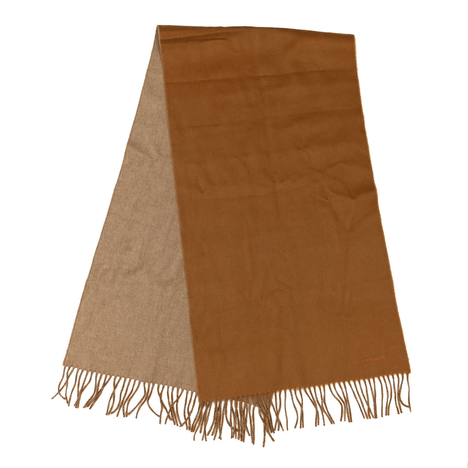 HERMES 100% Cashmere マフラー キャメル　80年代　英国製 Hermes Cashmere Recto Verso Muffler Camel Beige 971879 – FASHIONPHILE