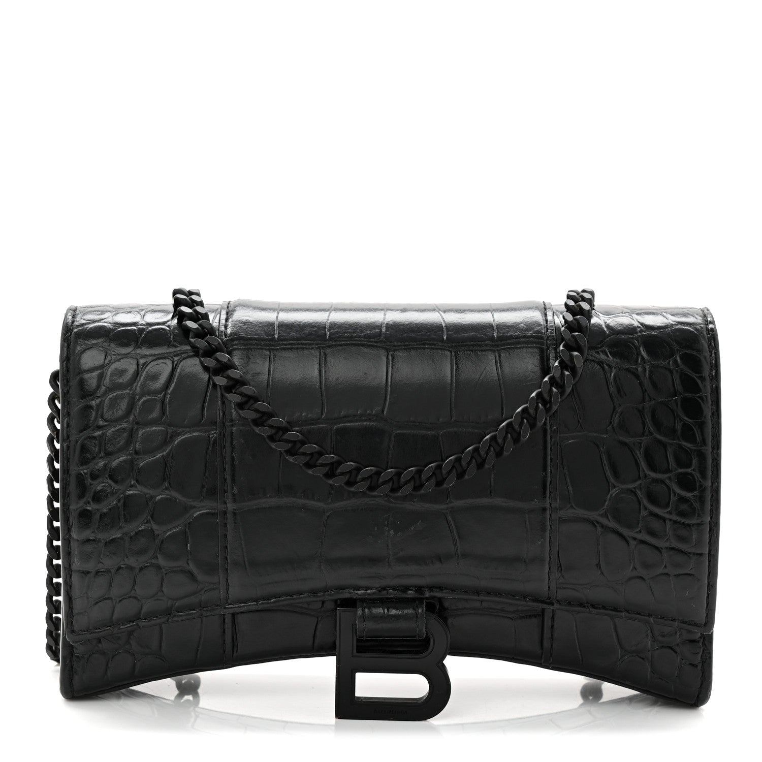 Balenciaga Shiny Calfskin Monochrome Crocodile Embossed Hourglass Chain Bag Black 1 of 9