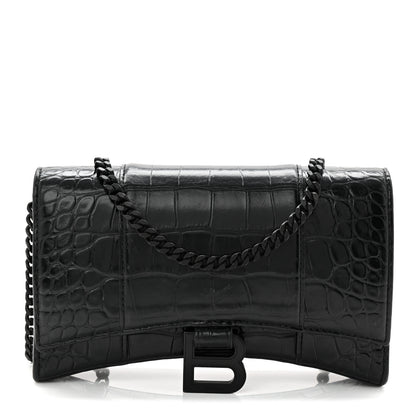 Balenciaga Shiny Calfskin Monochrome Crocodile Embossed Hourglass Chain Bag Black 1 of 9