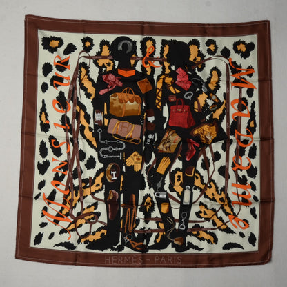 Hermes Silk Monsieur et Madame II Scarf 90 Chocolat Ivory Black 2 of 7