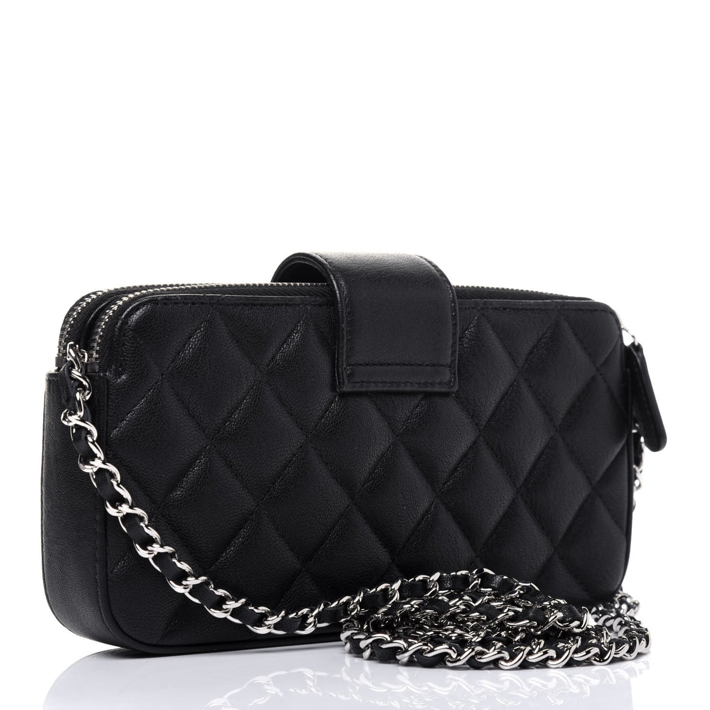 Goatskin Quilted CC Box Clutch With Chain Black
