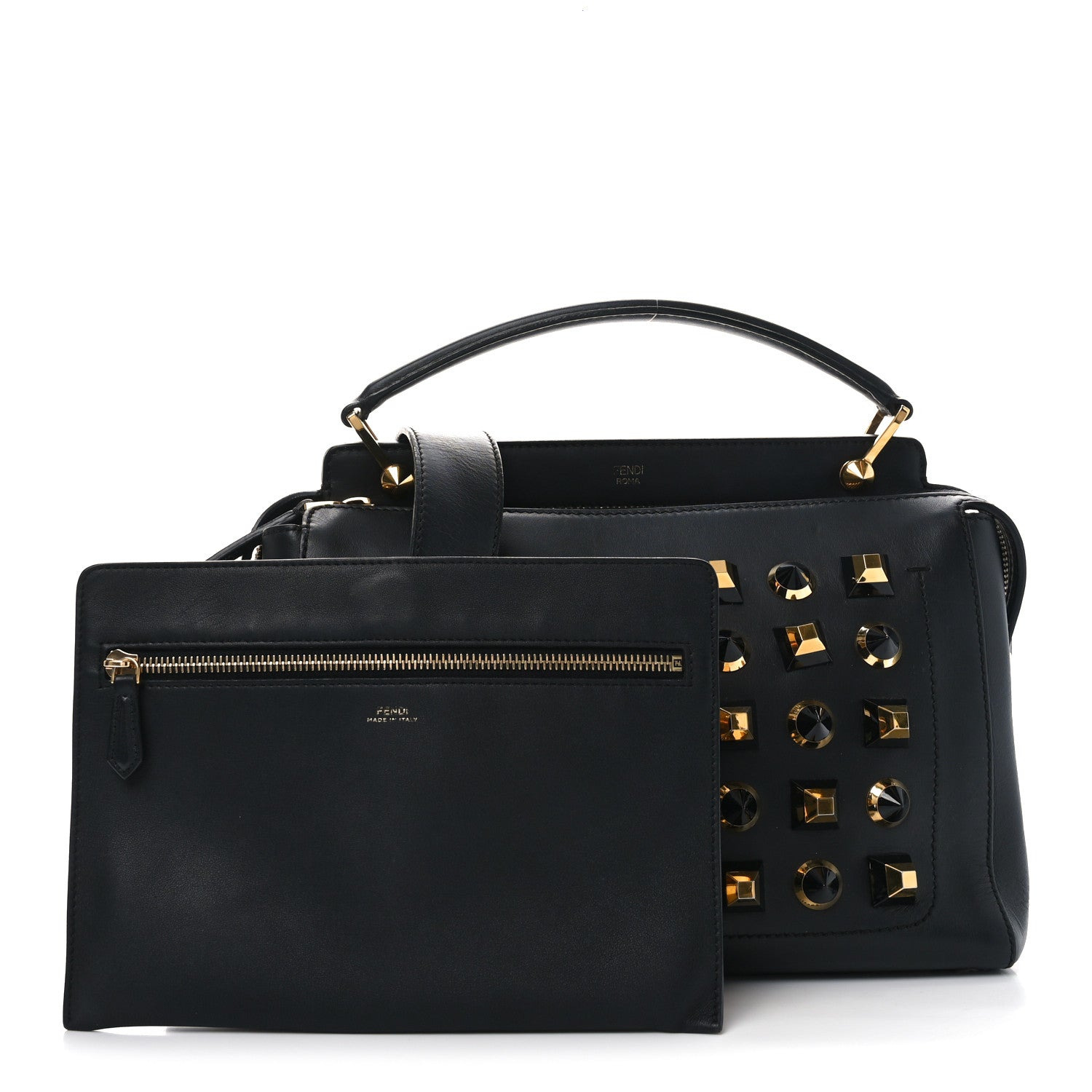 Fendi Vitello Baltico Studded Dotcom Satchel Black 3 of 10
