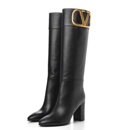 Valentino Garavani Calfskin VLOGO Knee High Boots 38 Black 3 of 7