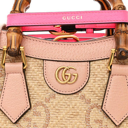 Gucci Raffia Textured Dollar Calfskin GG Monogram Small Diana Tote Bag Natural Wild Rose Fluorescent Fuchsia 9 of 11