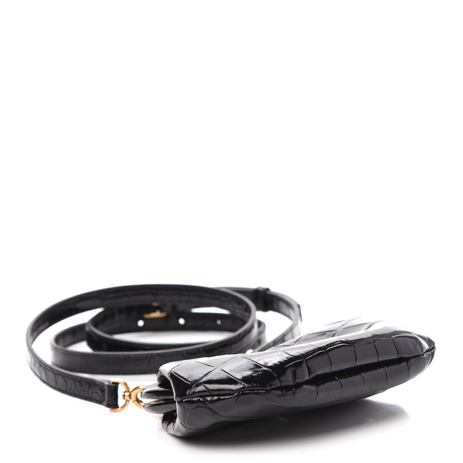 Balenciaga Shiny Supple Calfskin Logo Crocodile Embossed Cloud Coin Purse With Strap Black White 4 of 10