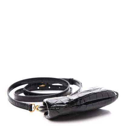 Balenciaga Shiny Supple Calfskin Logo Crocodile Embossed Cloud Coin Purse With Strap Black White 4 of 10