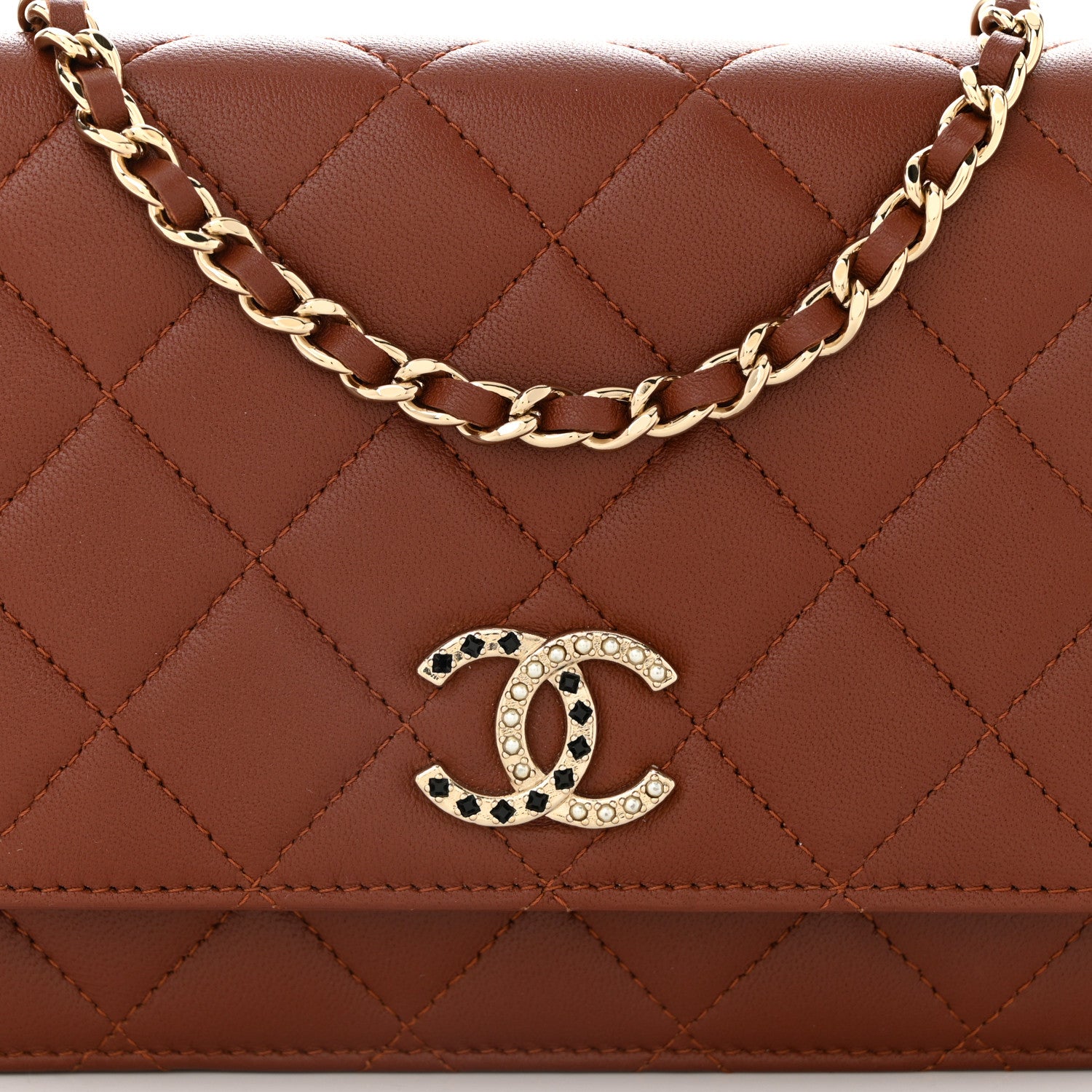 Chanel Lambskin Quilted Crystal Pearl CC Wallet On Chain WOC  Brown 9 of 12