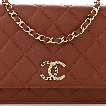 Chanel Lambskin Quilted Crystal Pearl CC Wallet On Chain WOC  Brown 9 of 12