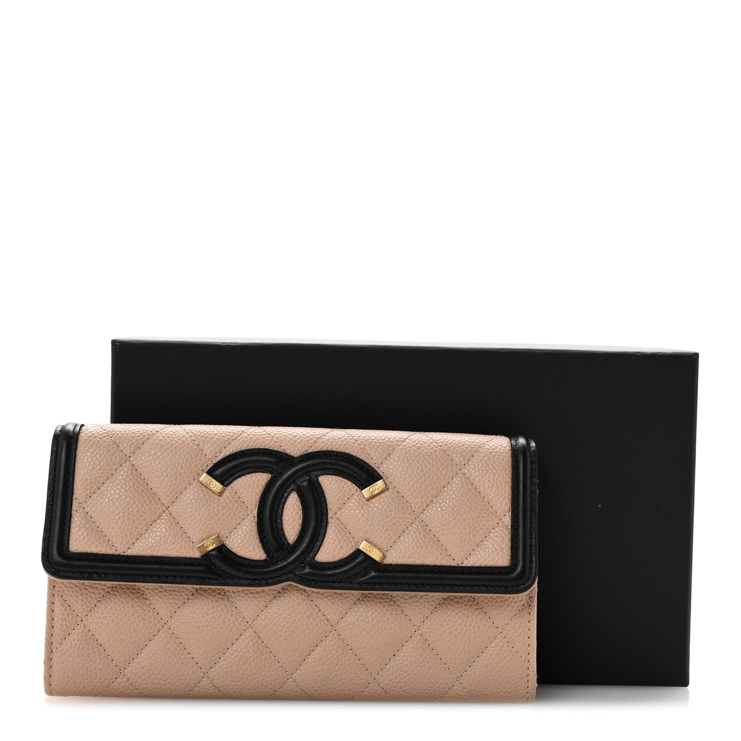 Caviar Quilted Filigree Large Gusset Flap Wallet Beige Black