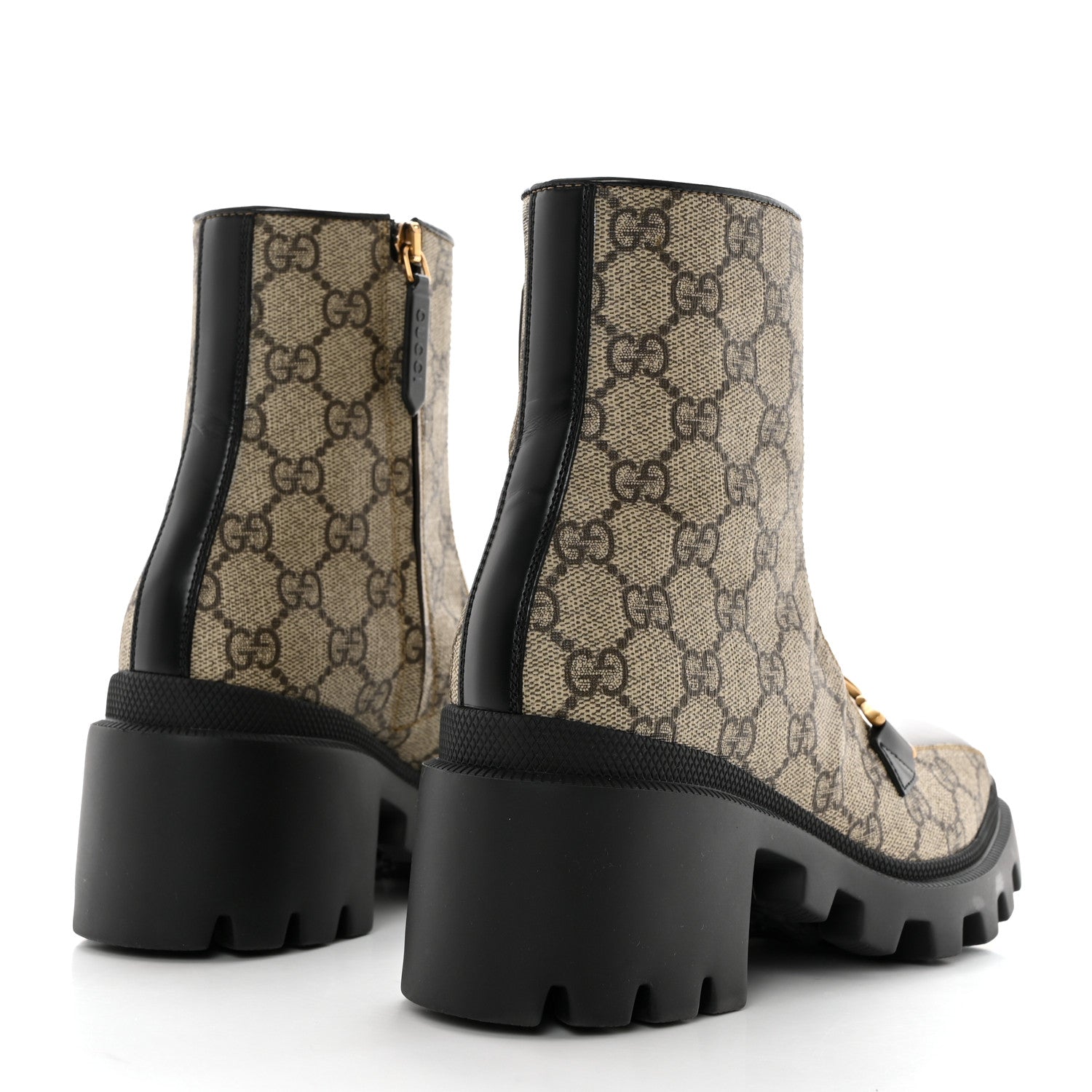 Gucci GG Supreme Monogram Magnum Calfskin Interlocking G Womens Lug Sole Ankle Boots 35.5 Beige Ebony Black 4 of 9