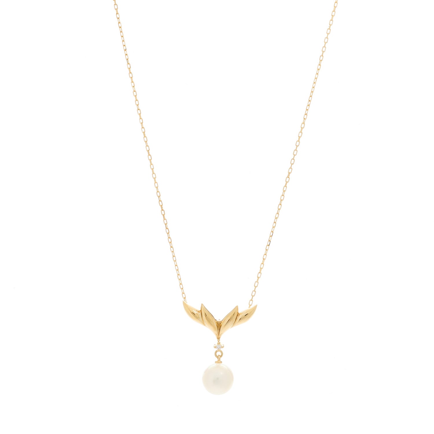 Mikimoto 18K Yellow Gold Diamond Akoya Pearl 7.5mm Leaf Pendant Necklace 1 of 4