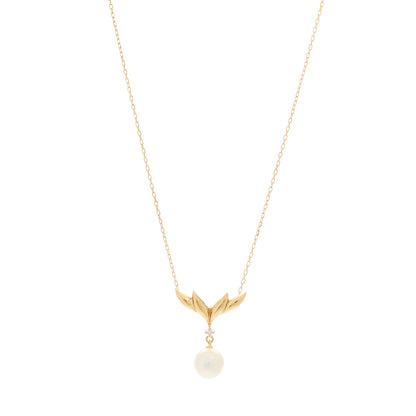 Mikimoto 18K Yellow Gold Diamond Akoya Pearl 7.5mm Leaf Pendant Necklace 1 of 4