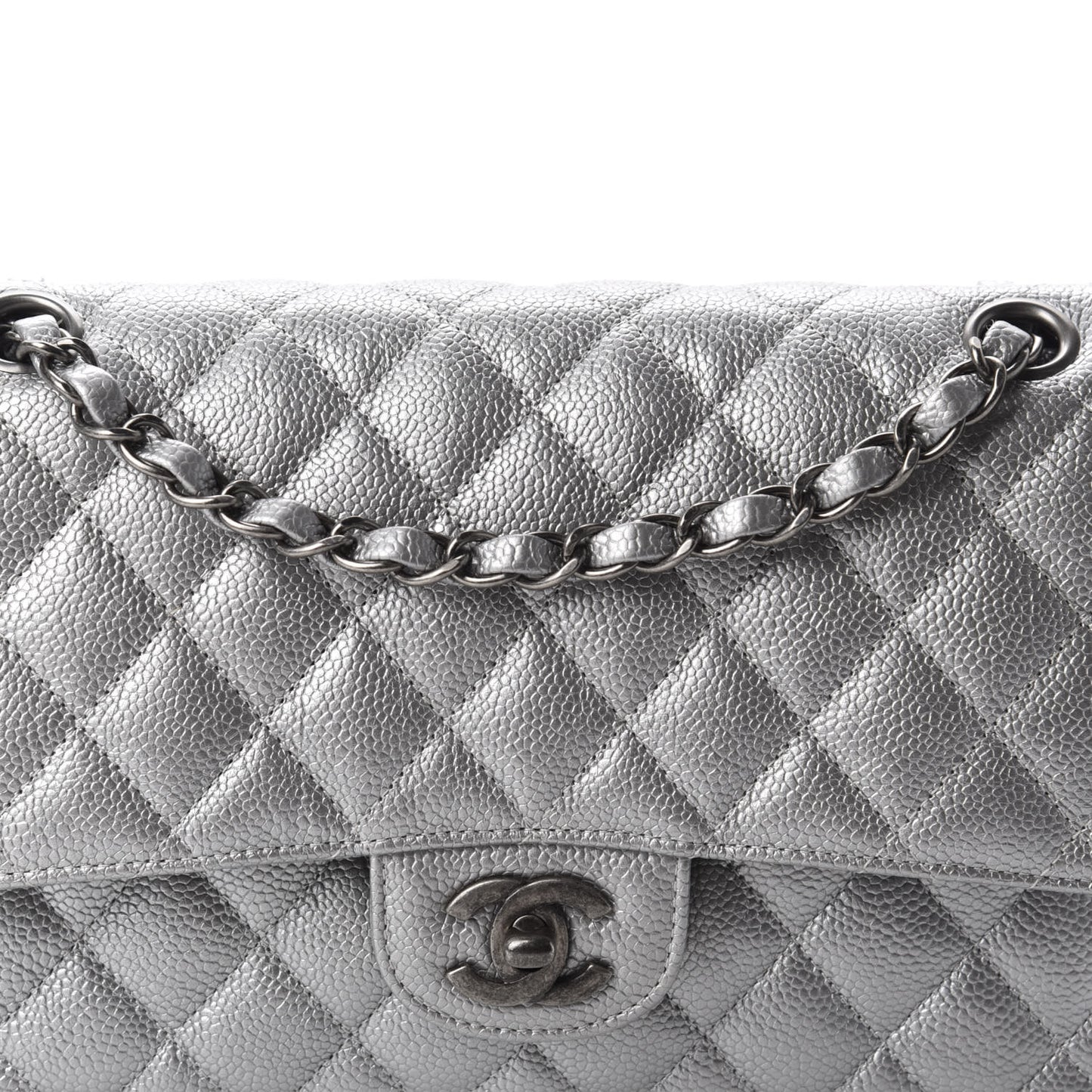 Metallic Caviar Quilted Medium Double Flap Silver