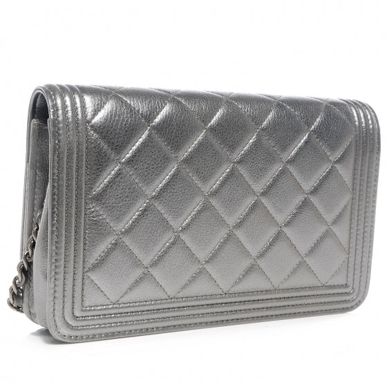 Metallic Calfskin Quilted Boy Wallet On Chain WOC Silver