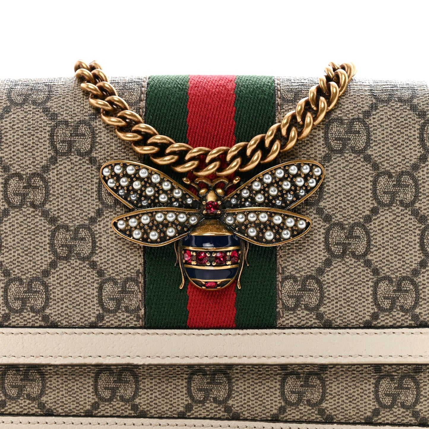 GG Supreme Monogram Web Queen Margaret Chain Wallet White