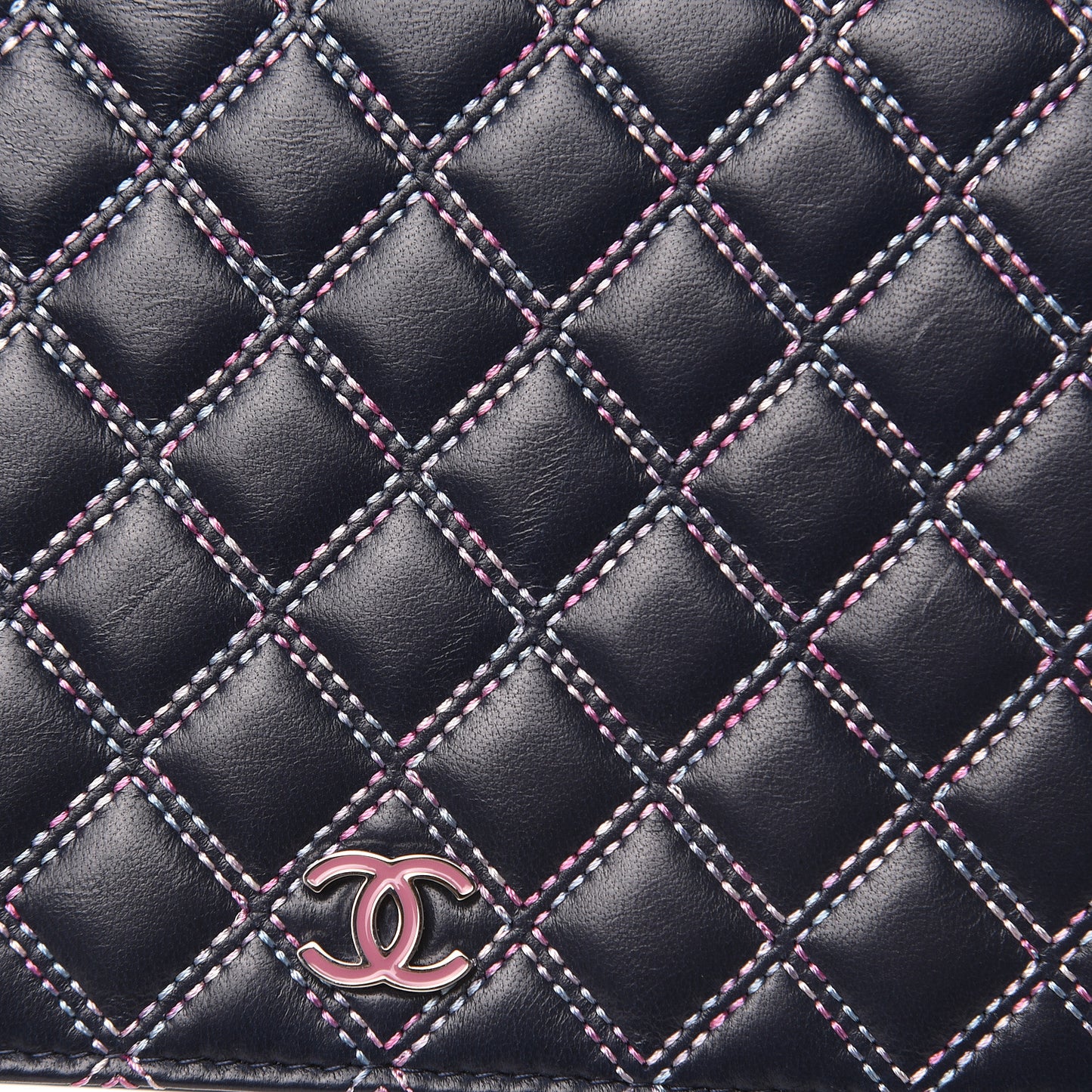 Lambskin Double Quilted Stitch Wallet On Chain WOC Navy Blue
