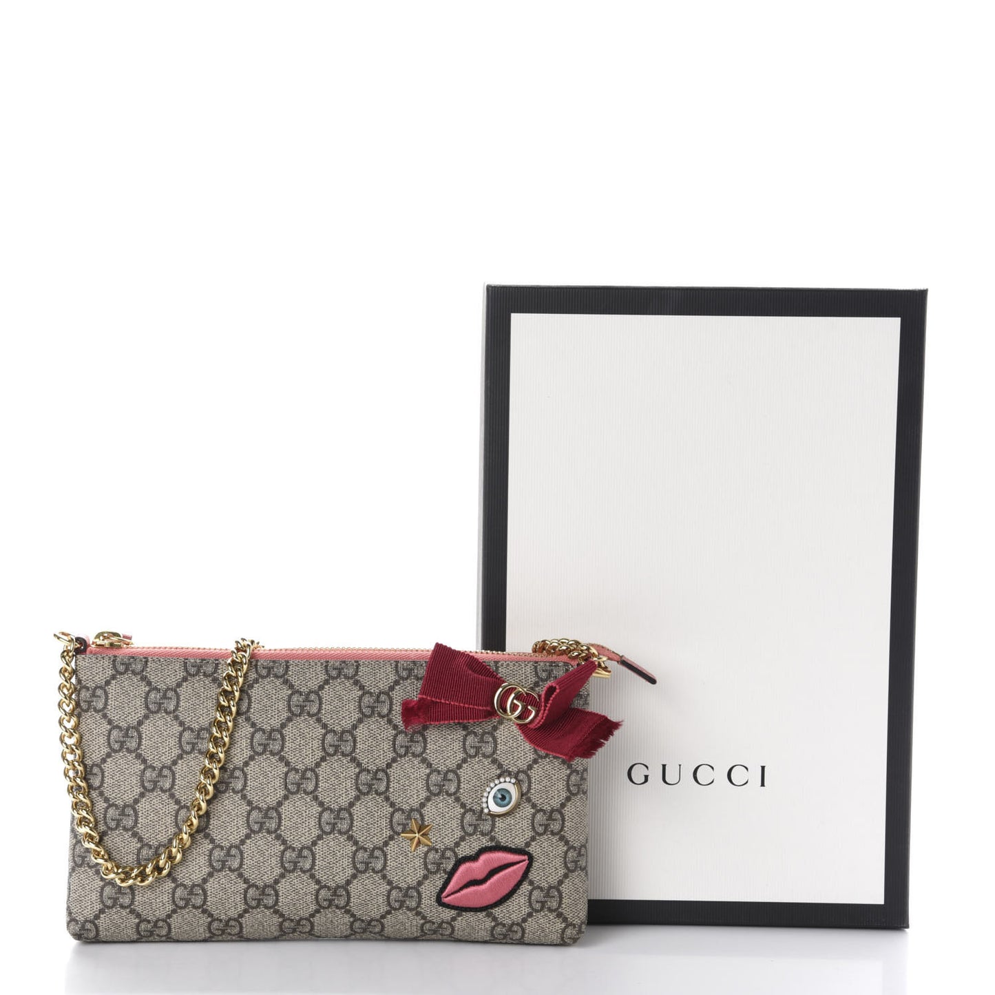 GG Supreme Monogram Face Embroidered Wrist Wallet Pink