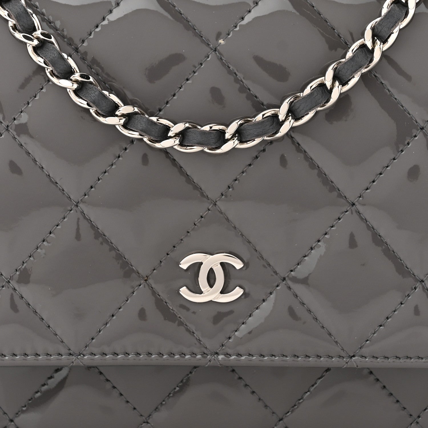 Chanel Patent Quilted Wallet On Chain WOC Grey 9 of 15