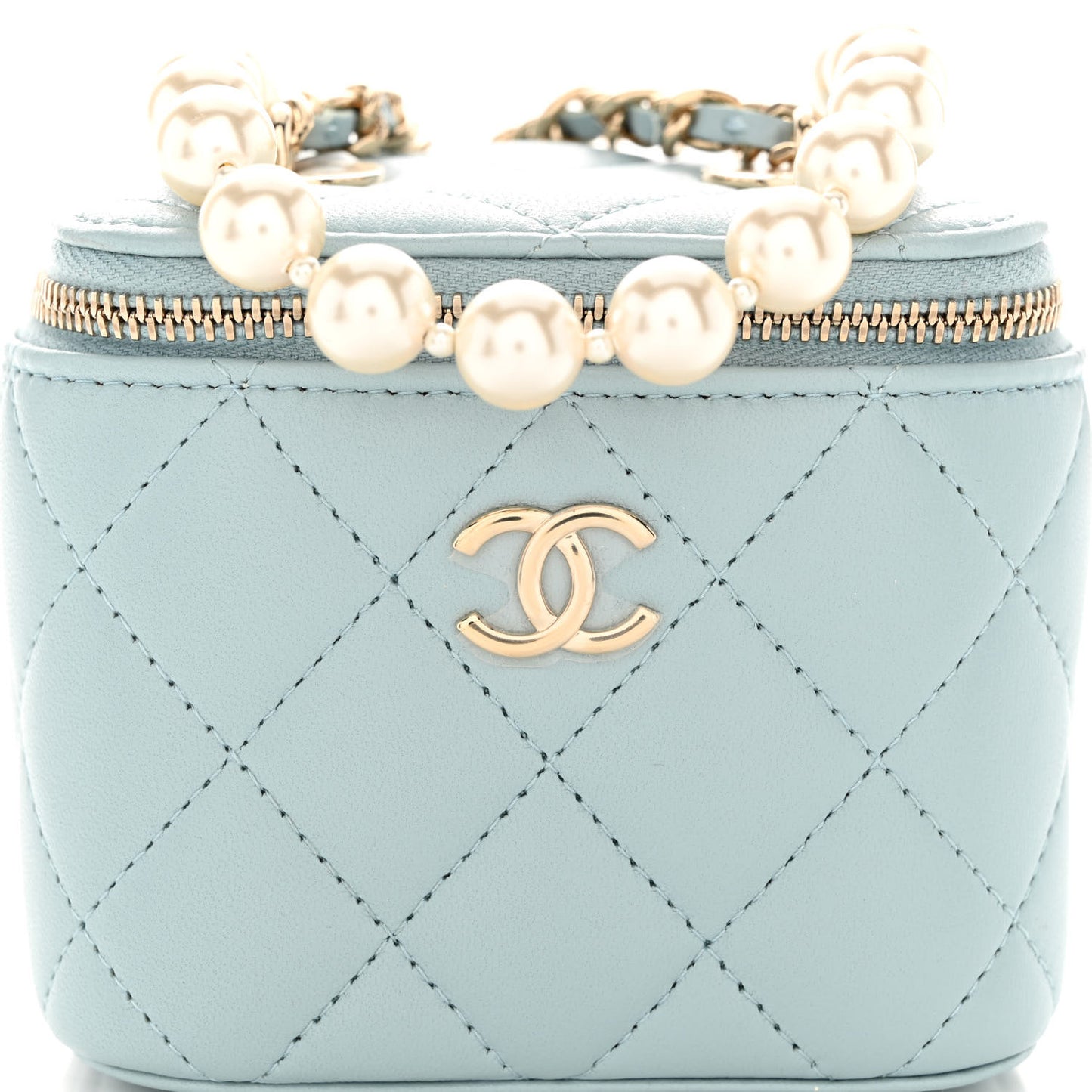 Lambskin Quilted Mini Vanity Case With Pearl Chain Light Blue