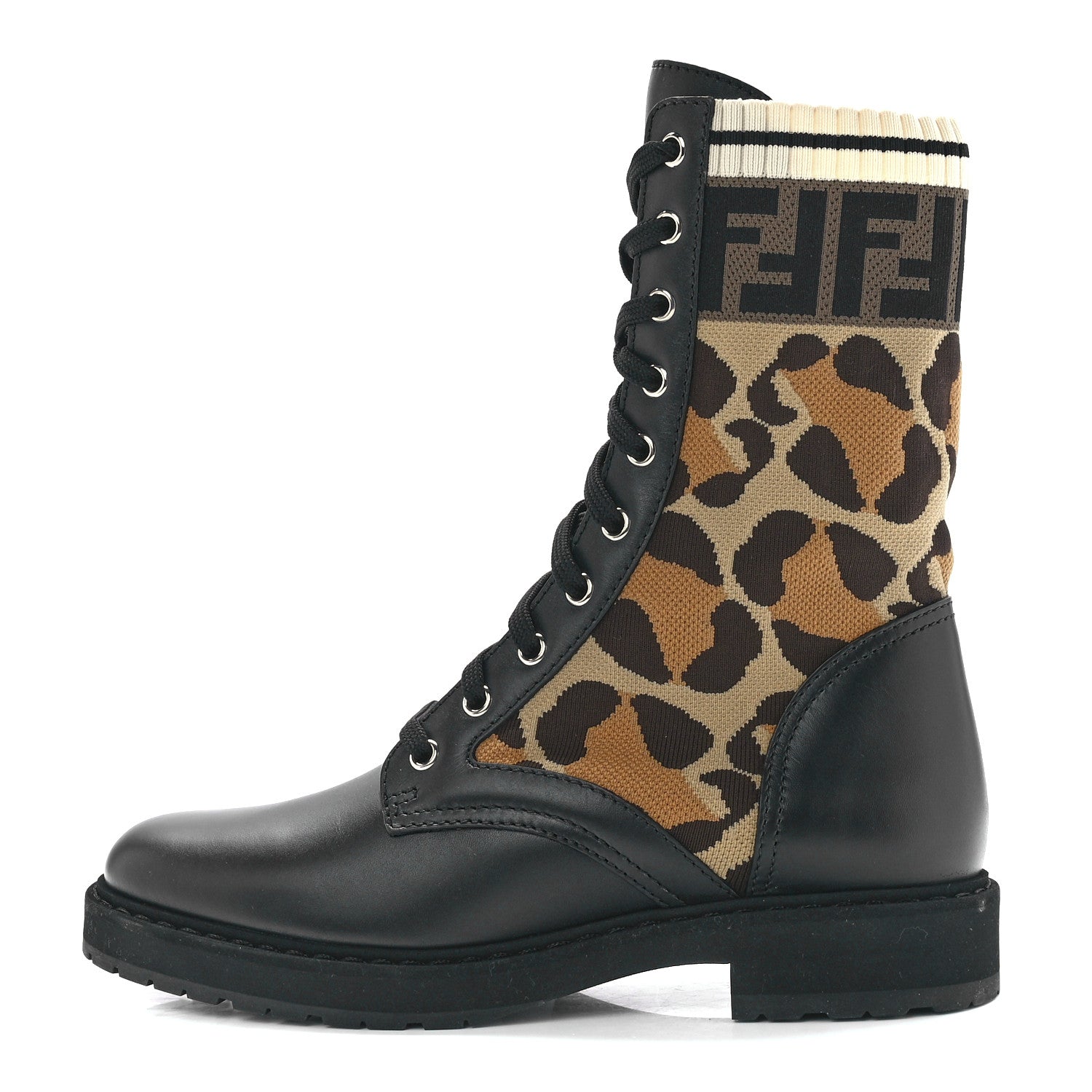 Fendi Calfskin Stretch Fabric FF Leopard Rockoko Biker Boots 39 Black 1 of 7