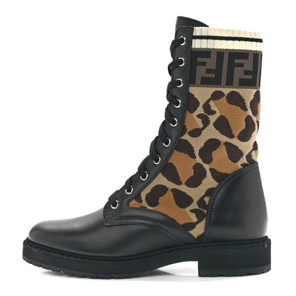 Fendi Calfskin Stretch Fabric FF Leopard Rockoko Biker Boots 39 Black 1 of 7